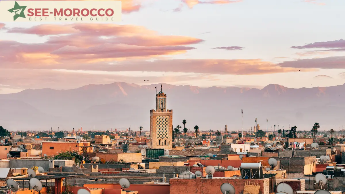 Best cities to visit in Morocco — Marrakech rooftops with the Atlas Mountains behind