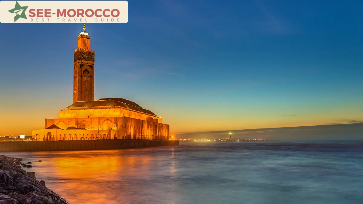 Hassan II Mosque in Casablanca at sunset beside the Atlantic