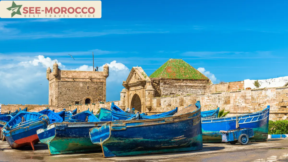 Blue fishing boats at Essaouira harbour on the Moroccan coast