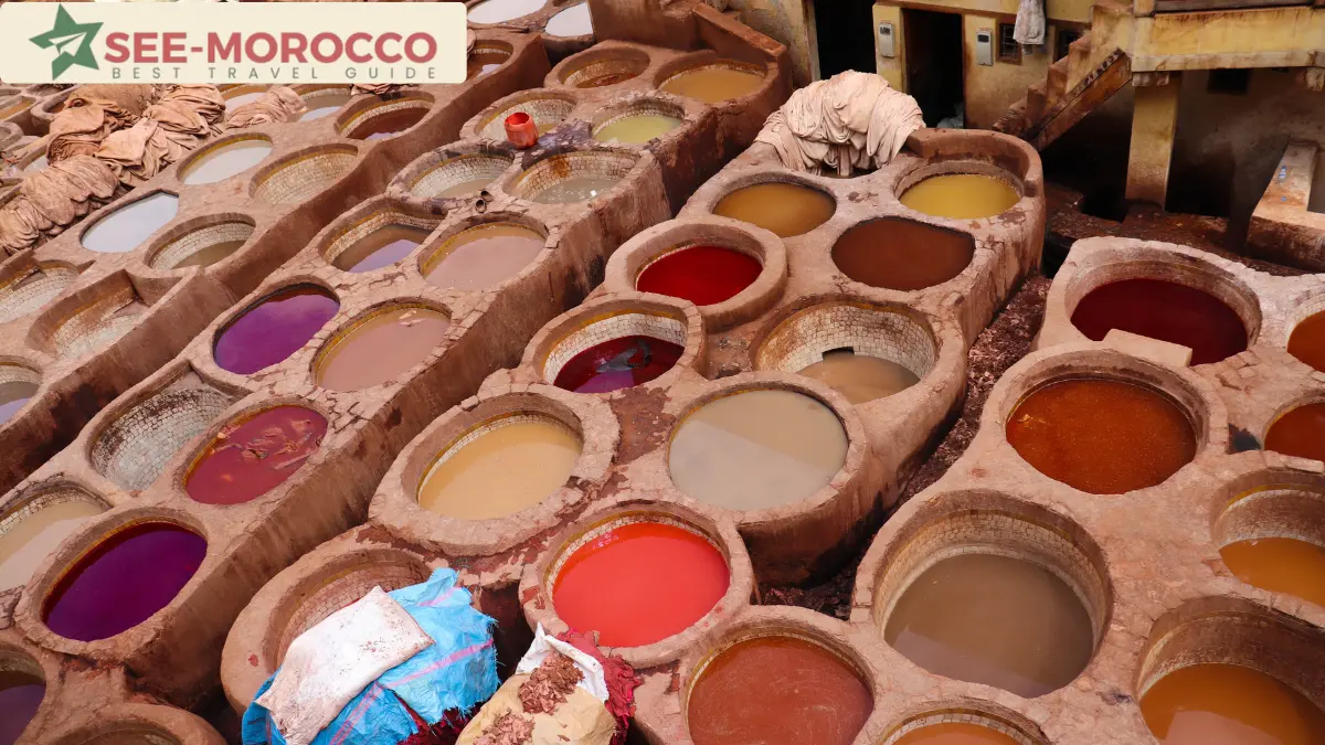 Colourful leather tanneries in the Fes medina Morocco