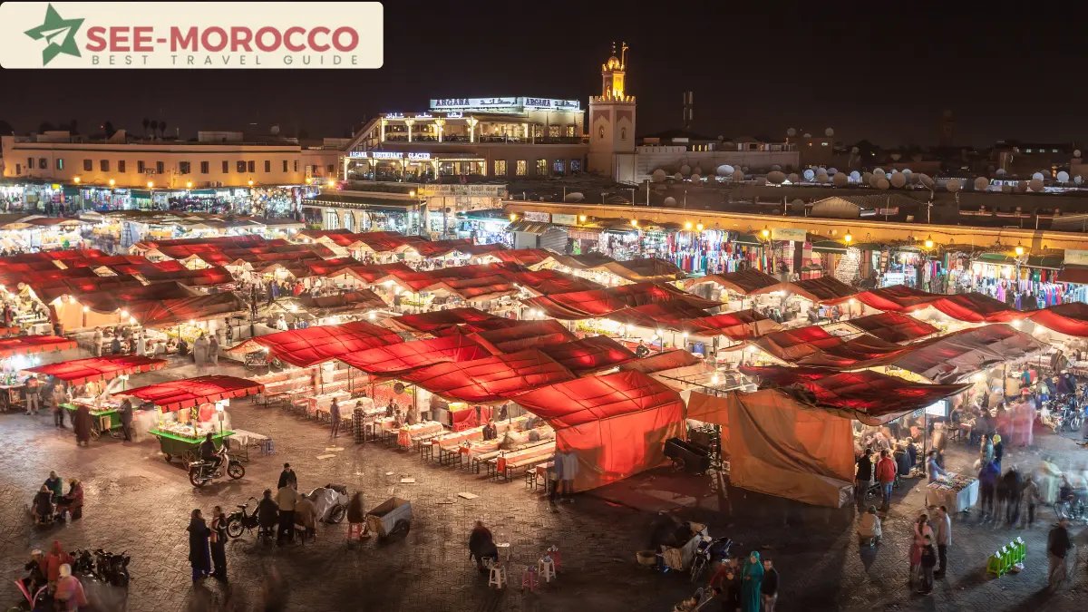 Jemaa el-Fna square in Marrakech at night with food stalls