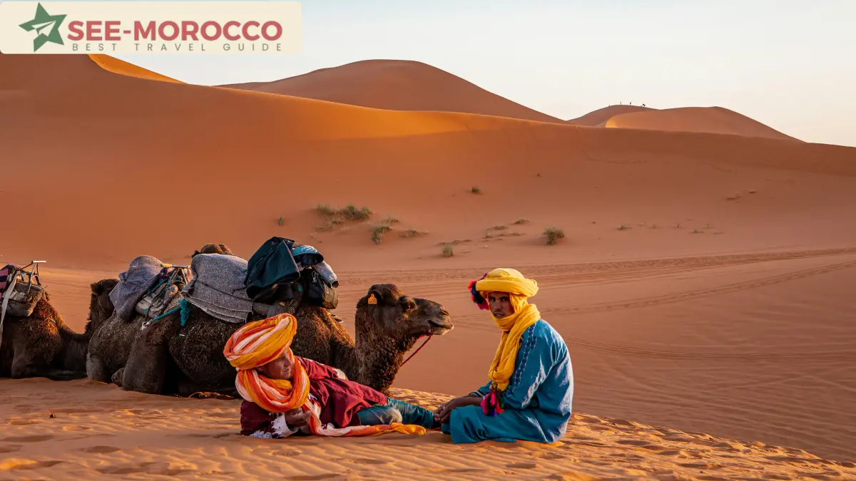 Berber guides resting with camels at sunset in the Sahara dunes near Merzouga