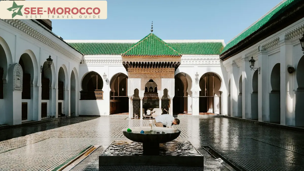 Zellige tilework courtyard of Al Quaraouiyine University and mosque in Fez
