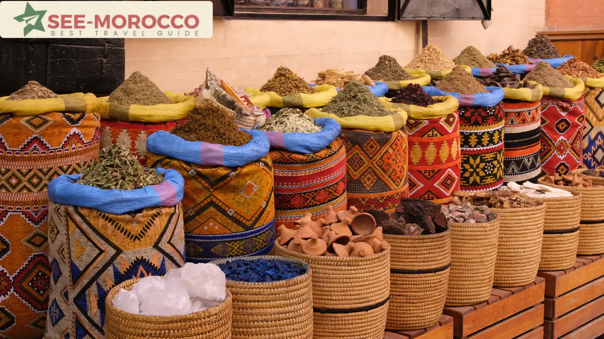 Spices and herbs in colourful baskets in the Marrakech souks