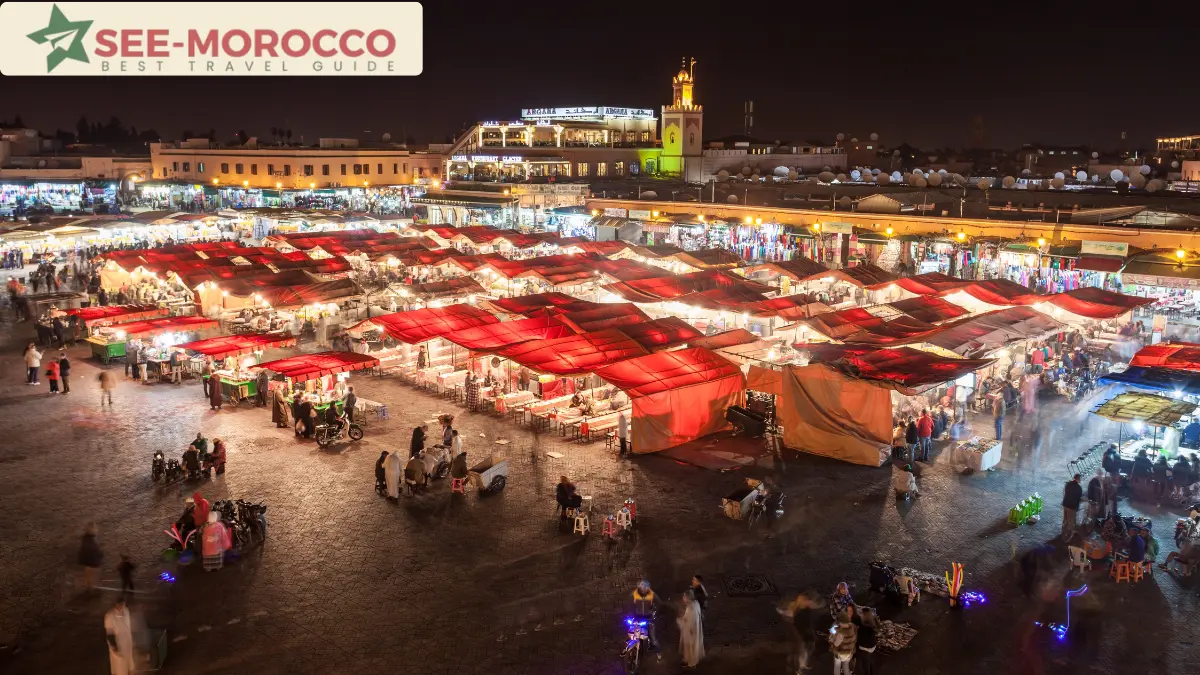 Things to do in Marrakech — Jemaa el-Fna square at night with food stalls