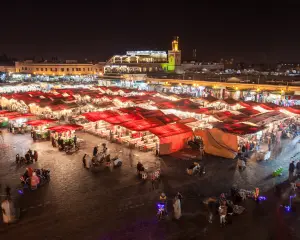 Things to do in Marrakech — Jemaa el-Fna square at night with food stalls