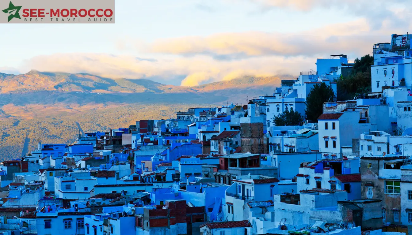 Chefchaouen blue city panoramic view Rif Mountains sunset Morocco