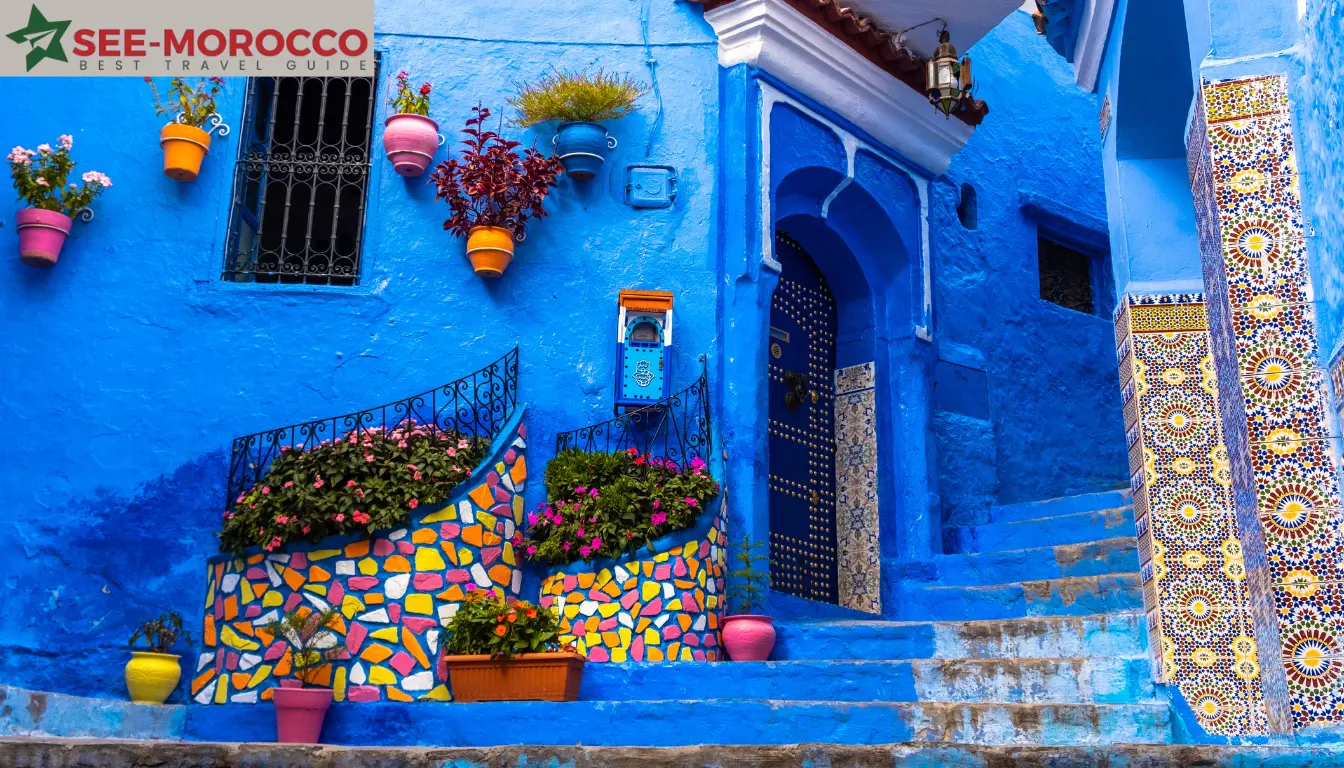 Chefchaouen blue door mosaic tilework flowers Morocco