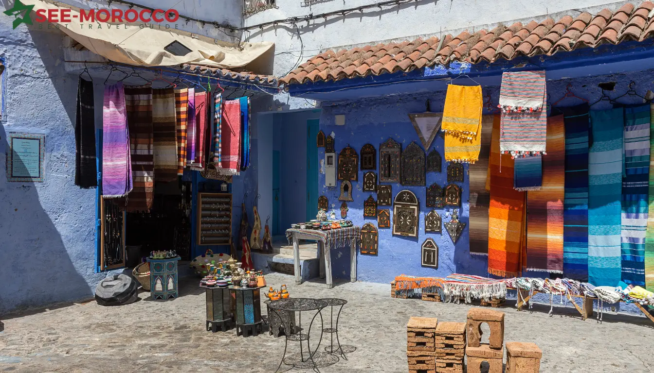 Chefchaouen souk market textiles crafts lanterns Morocco