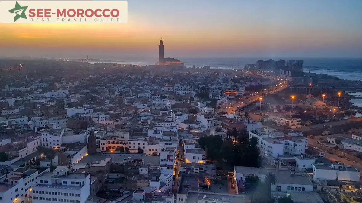 Casablanca Morocco skyline at sunset with Hassan II Mosque minaret