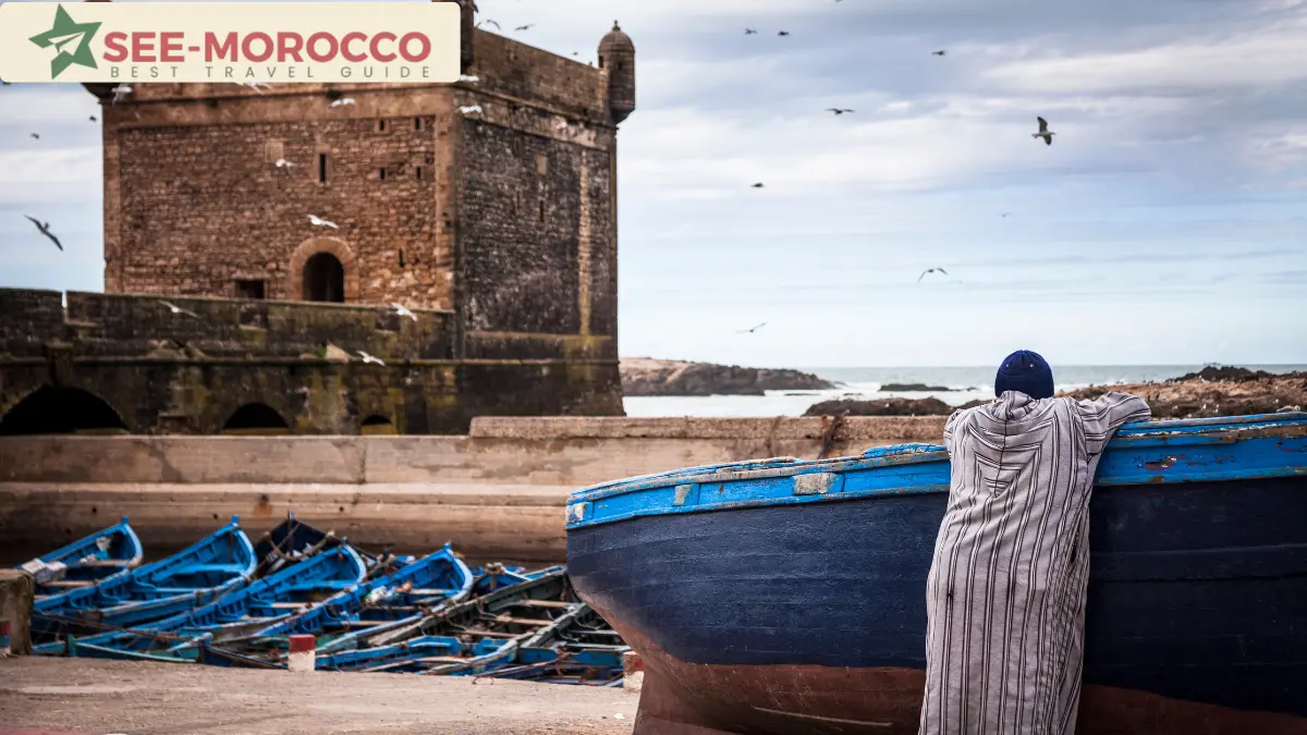 Essaouira Morocco coast fishing port blue boats and rampart tower
