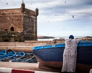 Essaouira Morocco coastal ramparts and fishing boats