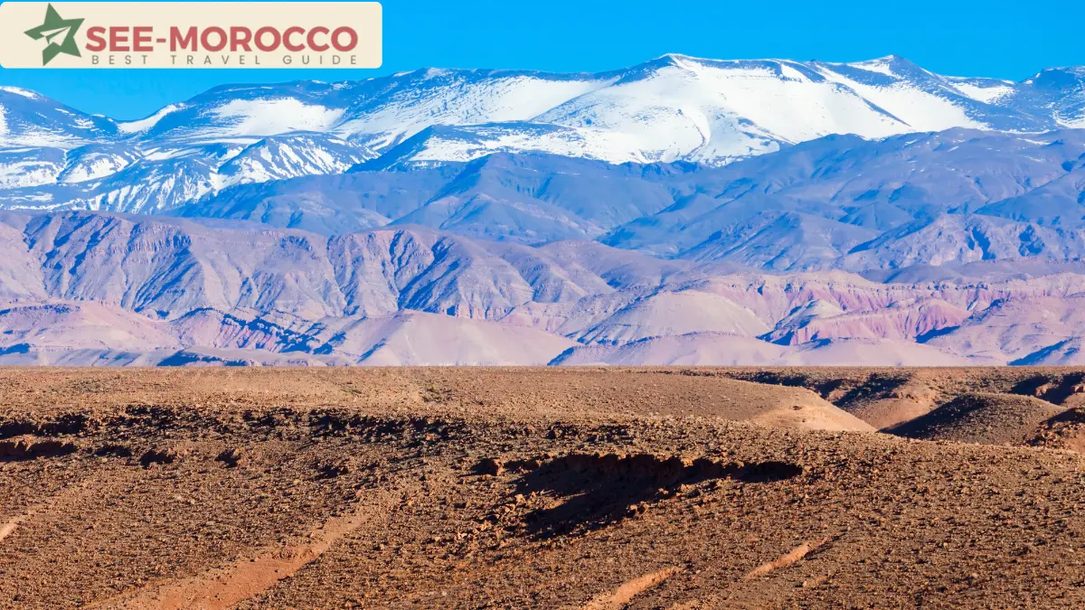 The High Atlas Mountains seen from the pre-Saharan south near Ouarzazate Morocco