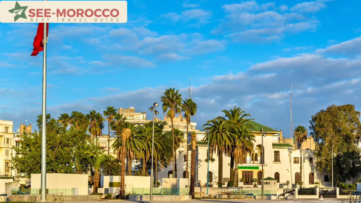 Mohammed V Square downtown Casablanca Morocco flag colonial buildings palm trees