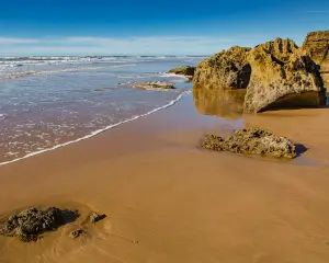 Morocco coast Atlantic beach with rocks