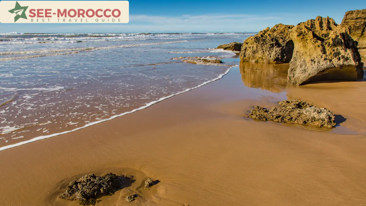 Morocco coast Atlantic beach with rocks