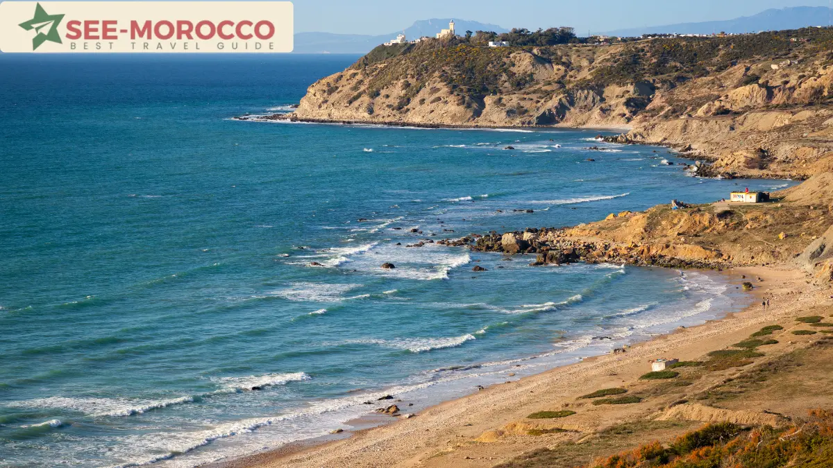 Tangier Morocco coast rocky bay with lighthouse