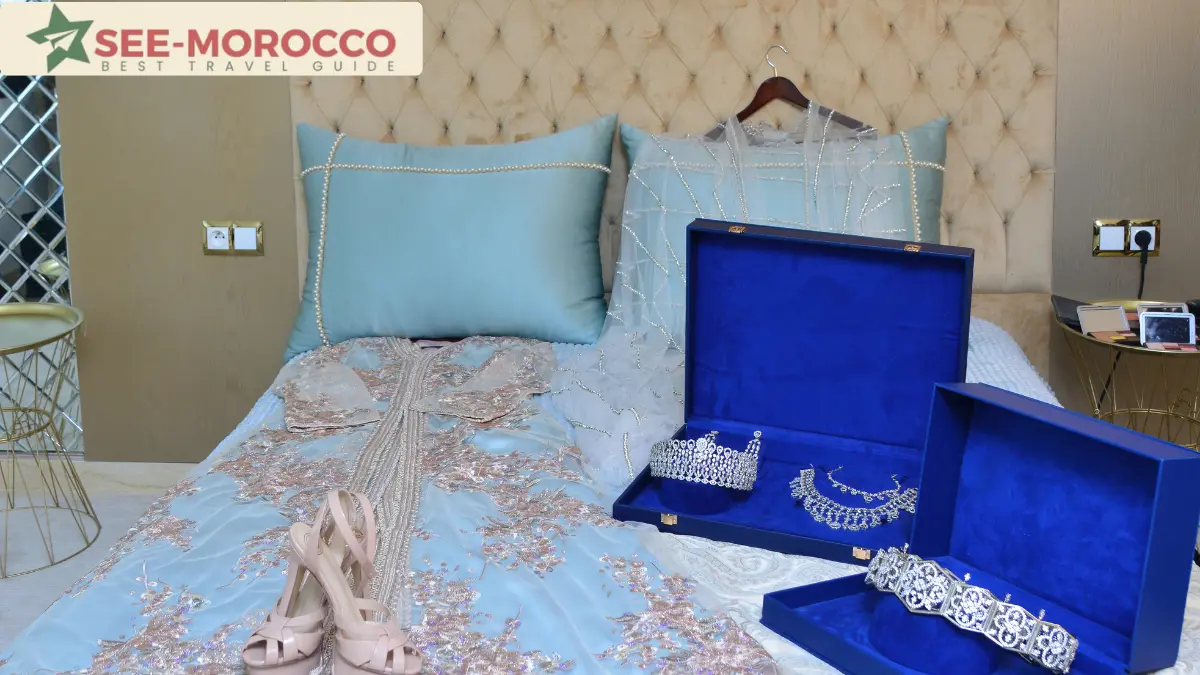 Traditional Moroccan bridal dress and jewelry laid out before a wedding