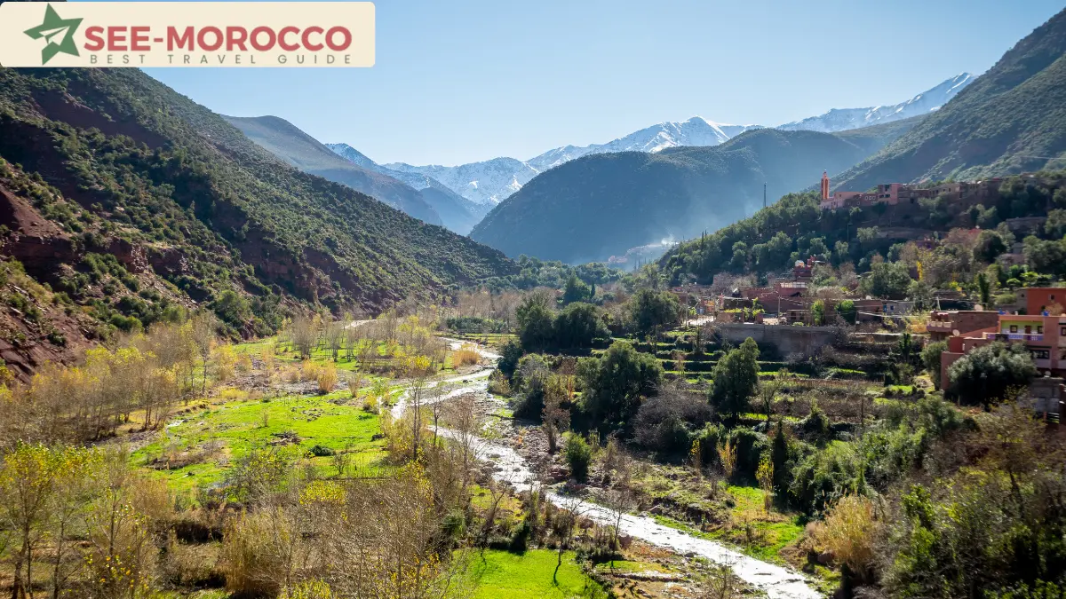 Ourika Valley Atlas Mountains green valley snowy peaks Morocco