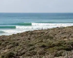 Off the beaten path Morocco — empty Atlantic coast wave with cactus scrubland