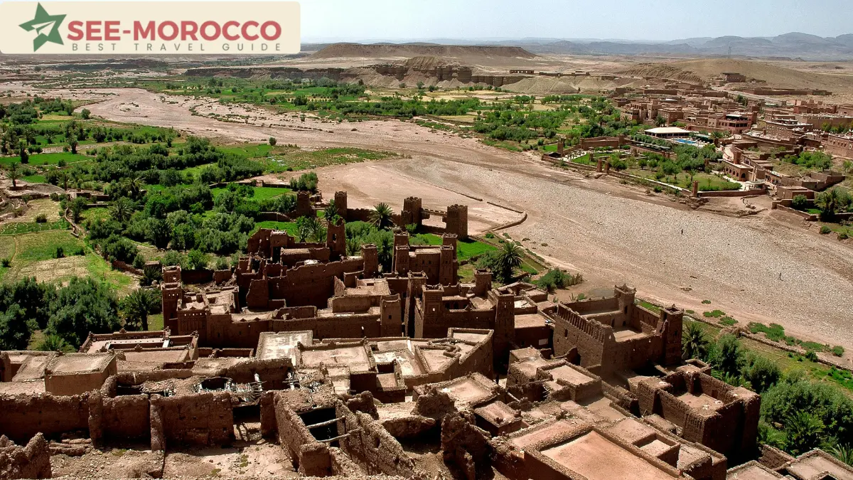 Ait Ben Haddou ksar UNESCO World Heritage site near Ouarzazate Morocco aerial view