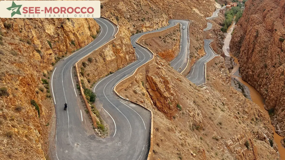 Dades Gorges switchbacks Route of the Thousand Kasbahs Morocco aerial view