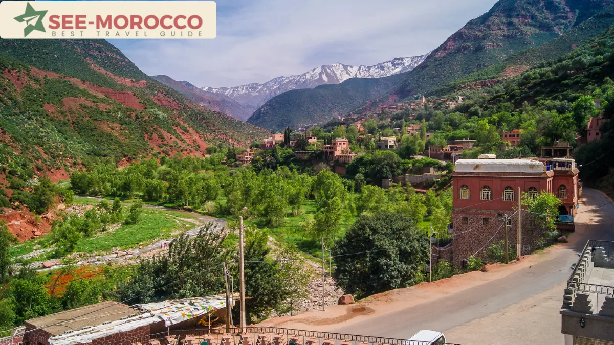 day trips from Marrakech — Ourika Valley green river and snowy Atlas peaks