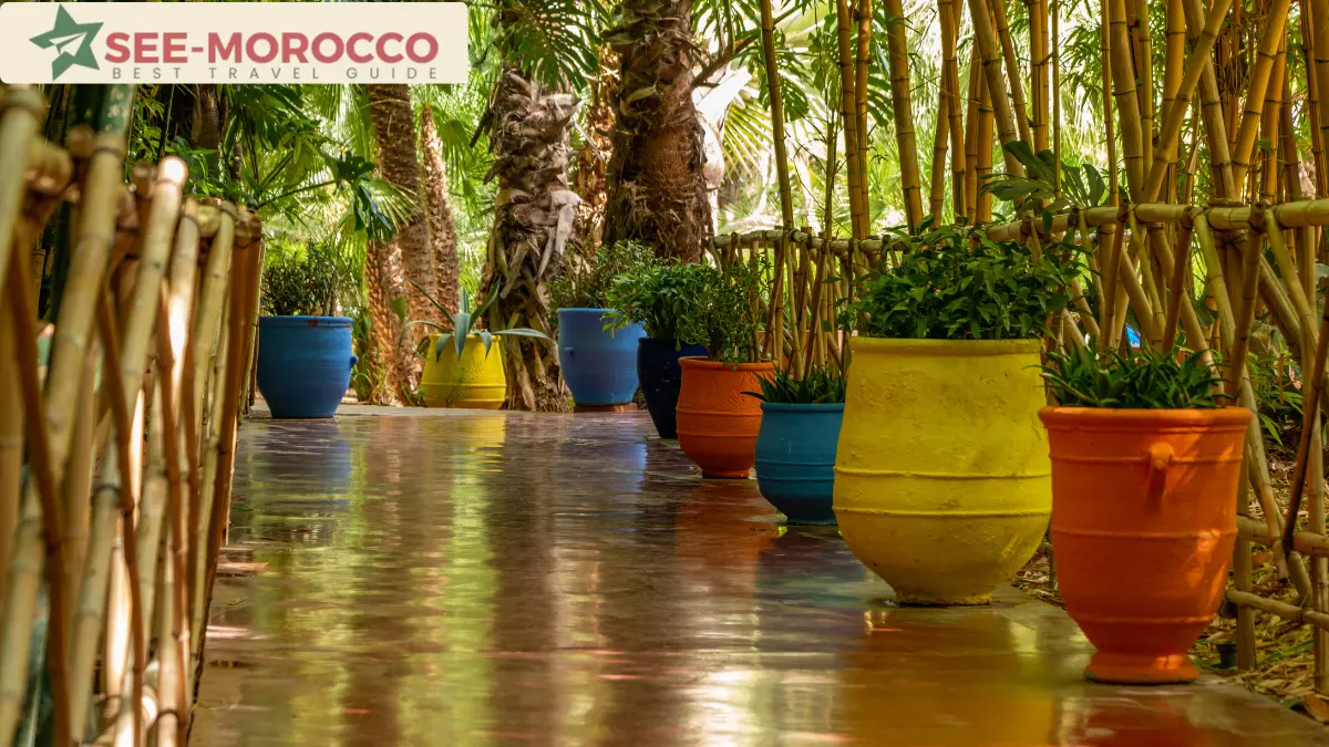 Colourful ceramic pots along a bamboo path in Jardin Majorelle