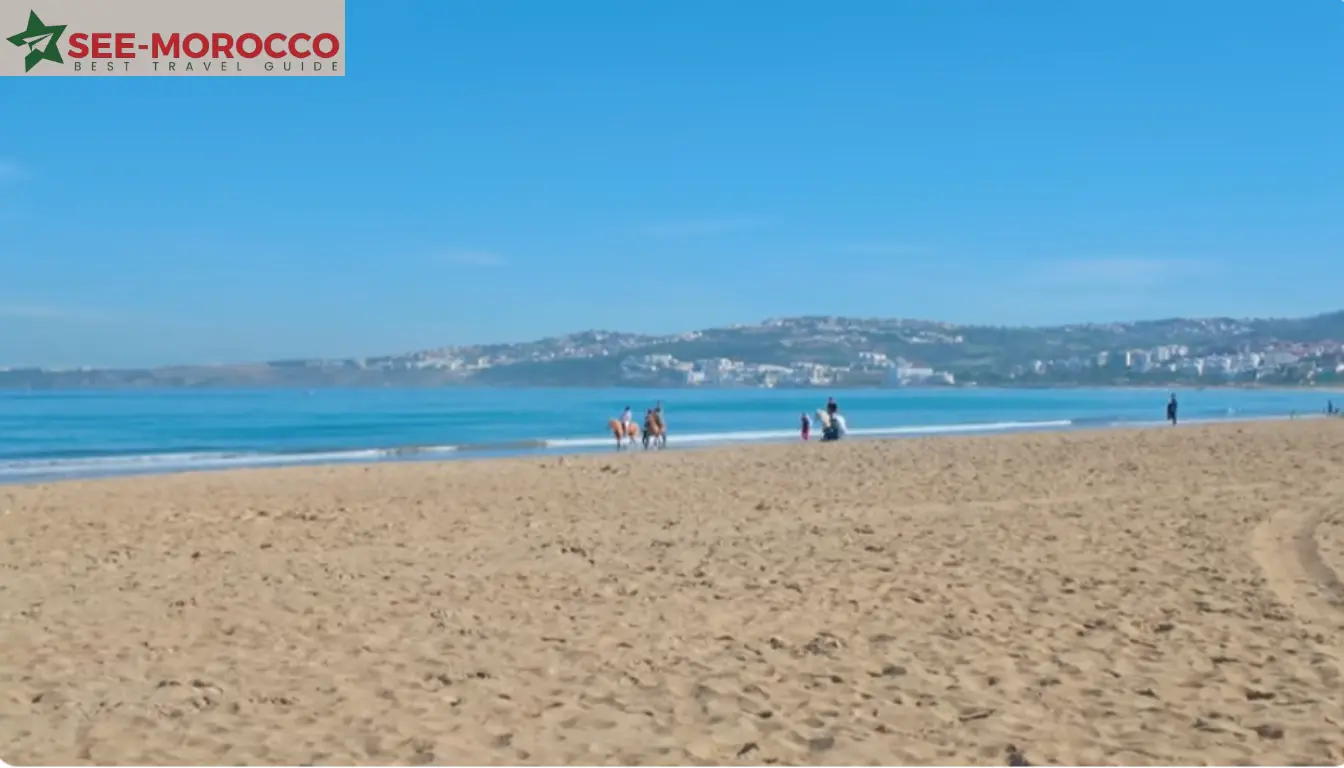 Tangier Morocco beach Malabata with horses and city view in background