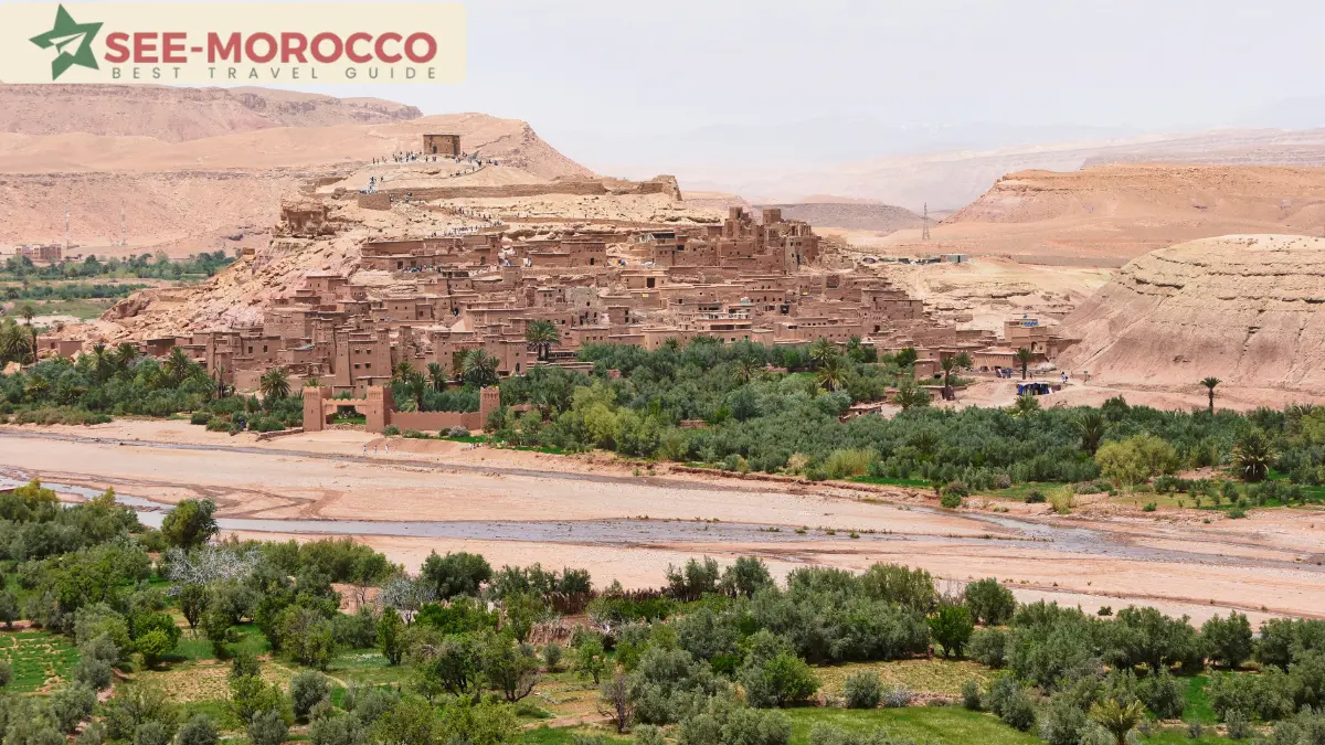 Full hillside view of Ait Benhaddou with the granary at the top