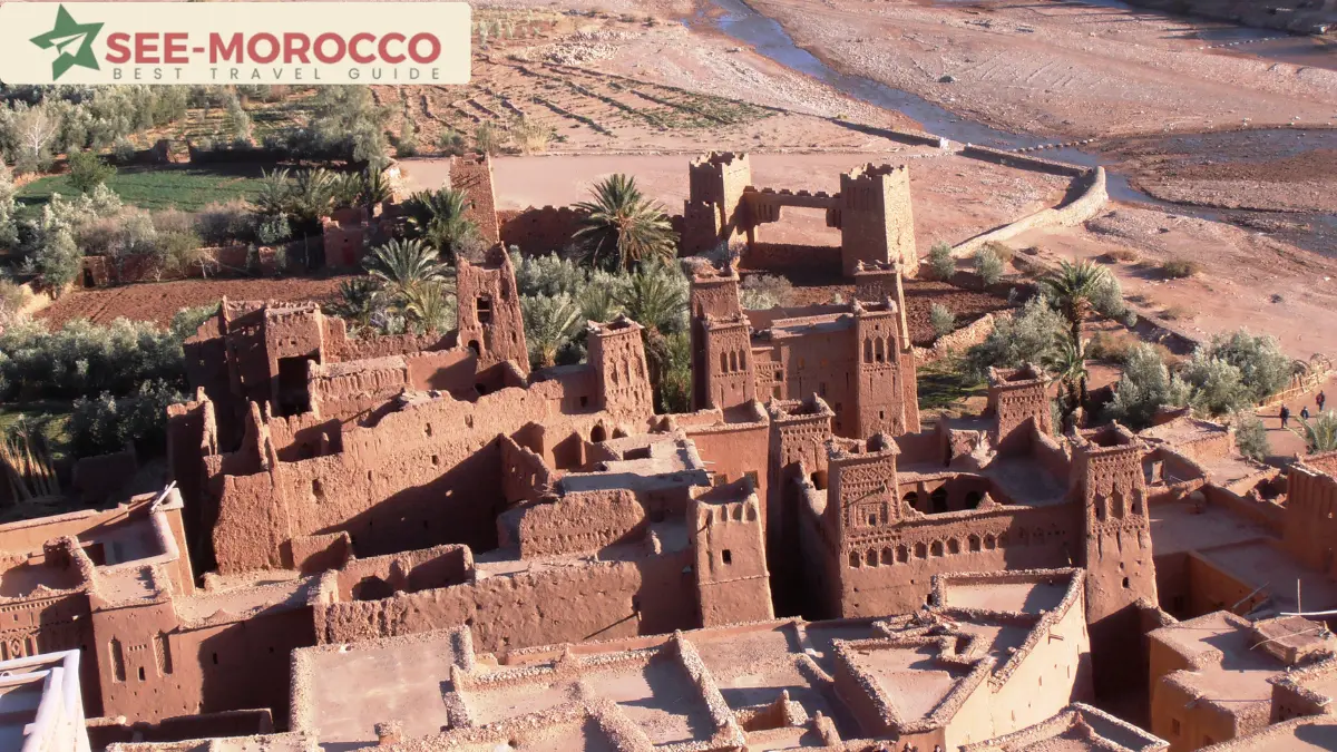 Ait Benhaddou Morocco — aerial view of the mud-brick ksar on the hillside