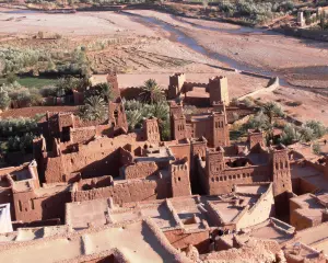 Ait Benhaddou Morocco — aerial view of the mud-brick ksar on the hillside