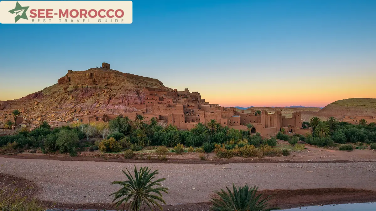 Ait Benhaddou at sunset with golden light over the ksar