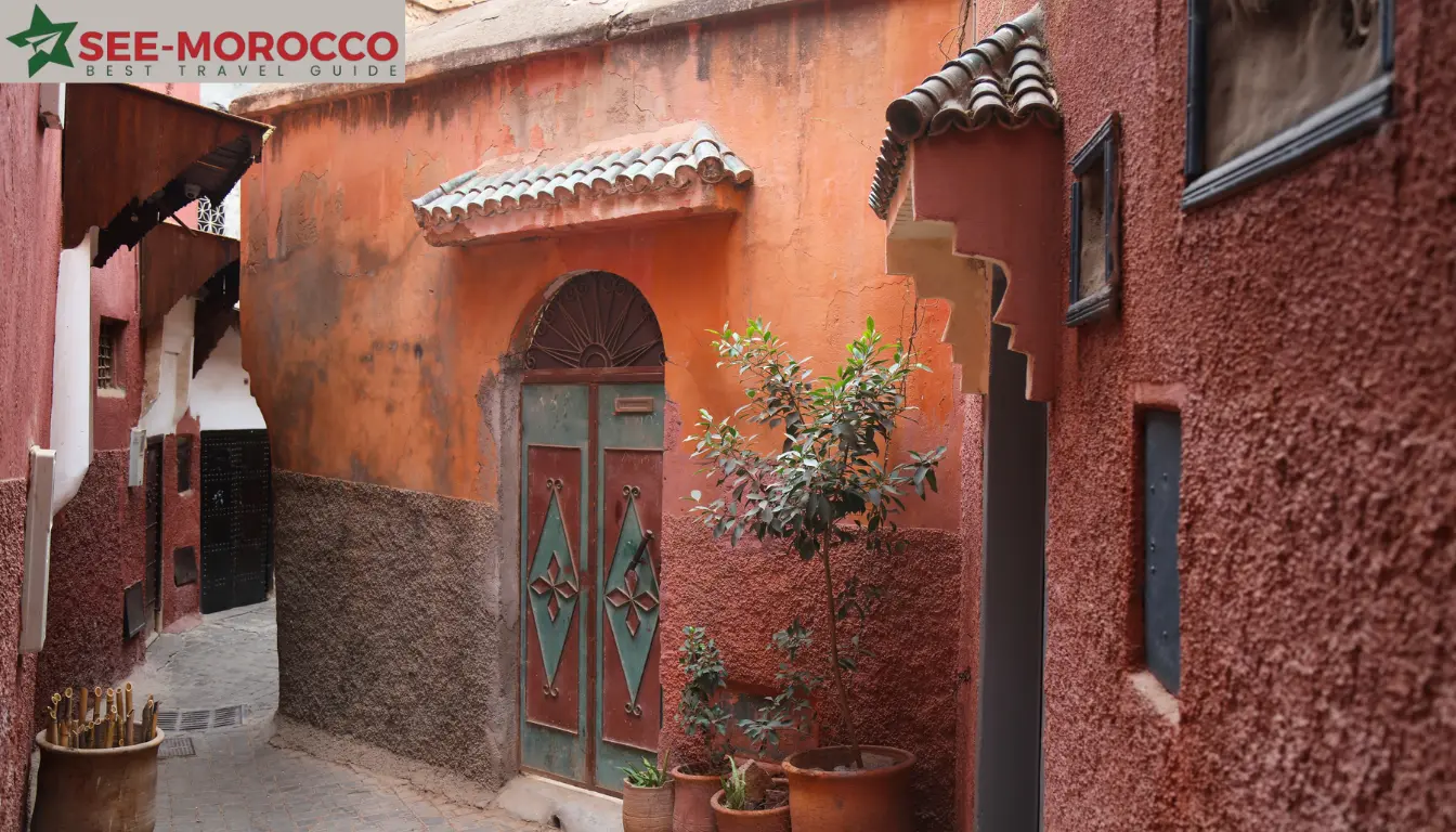 Marrakech medina red alley traditional door Morocco itinerary