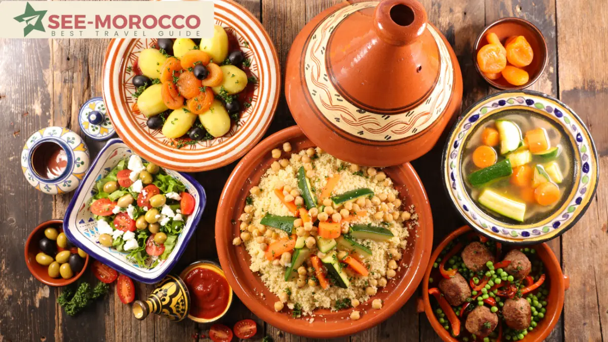 traditional Moroccan food spread with tagine and couscous