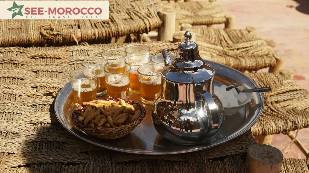 traditional Moroccan mint tea served on silver tray