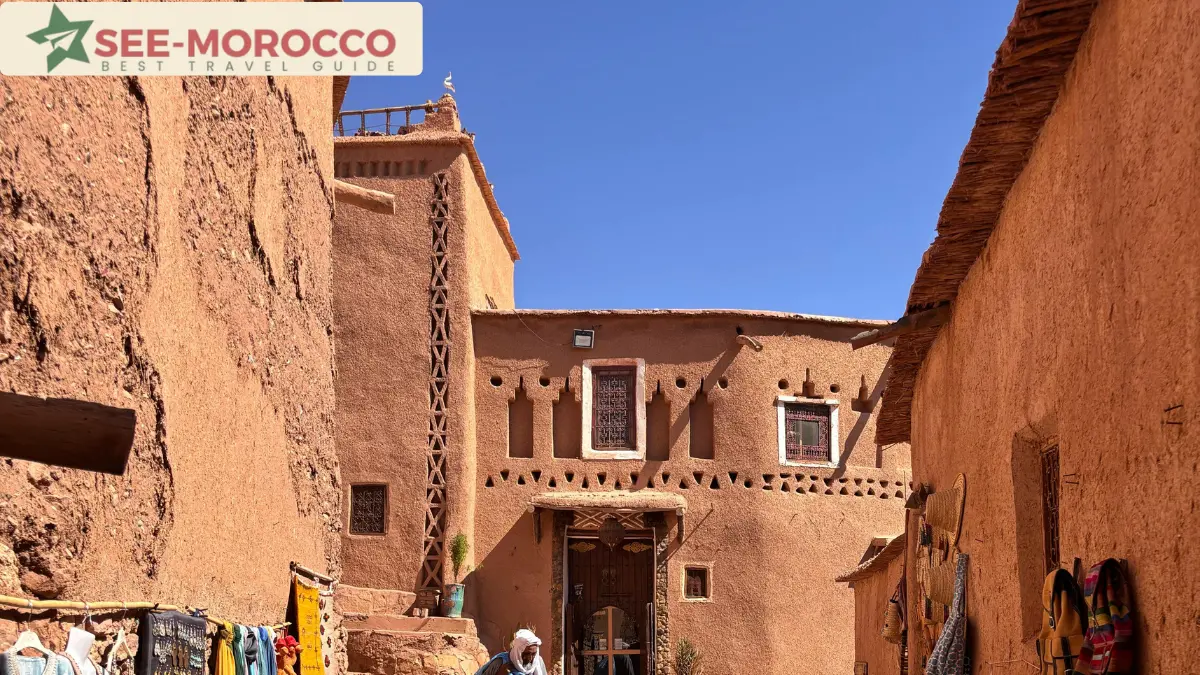 Mud-brick walls and decorated entrance inside a Moroccan kasbah