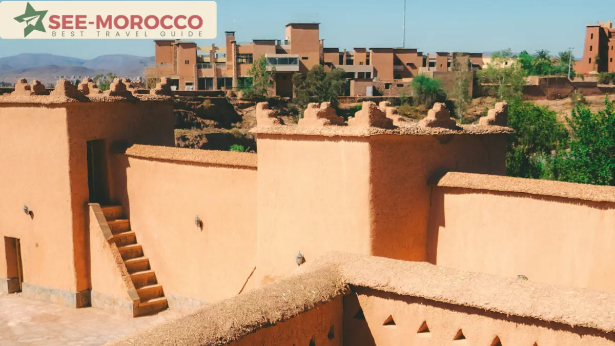 Rooftop and earthen walls of a restored kasbah near Ouarzazate