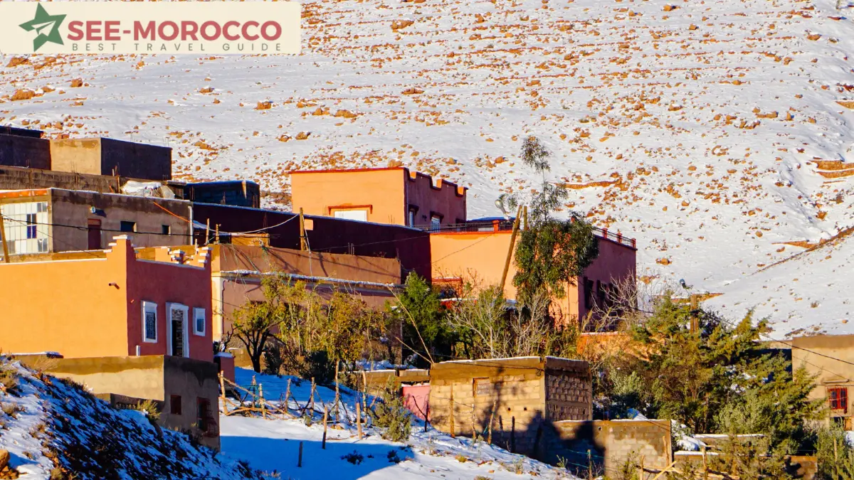 Berber village in the Moroccan Atlas Mountains covered in snow during February