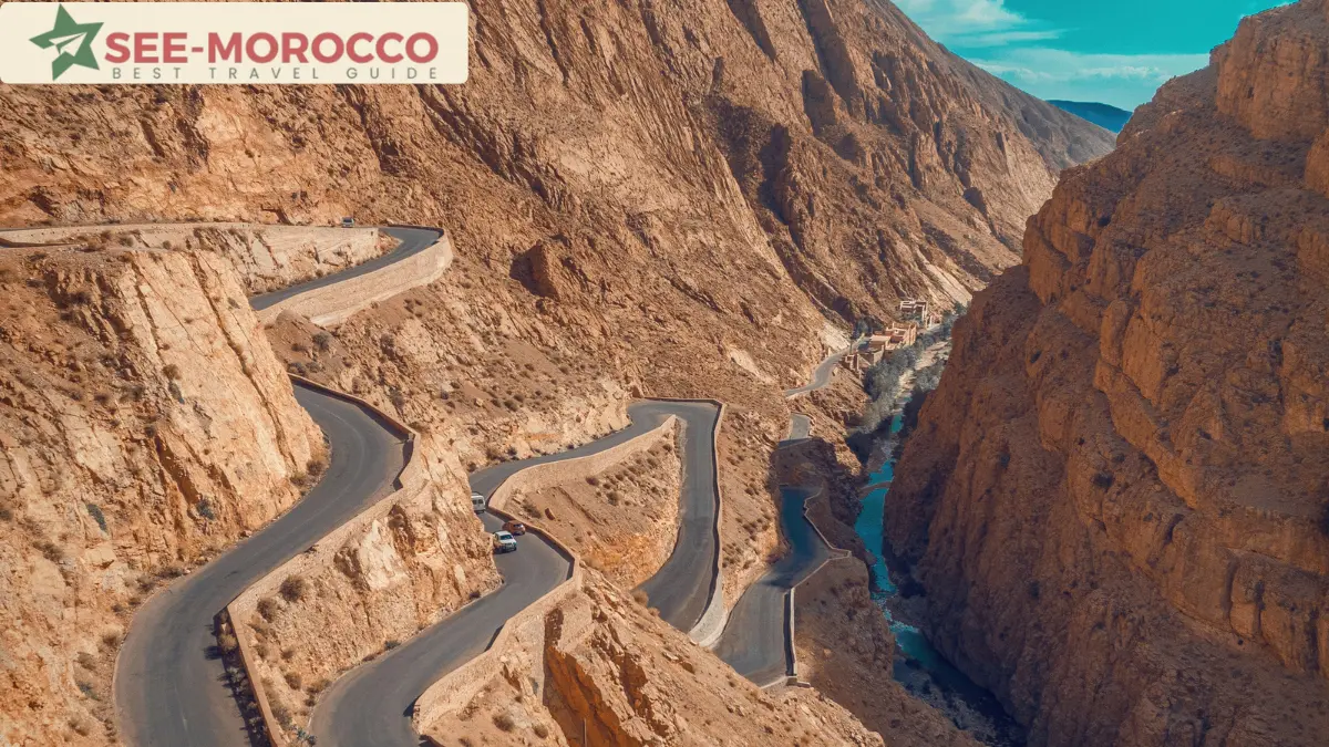 Aerial view of switchback road through Dadès Gorges in the Moroccan Atlas