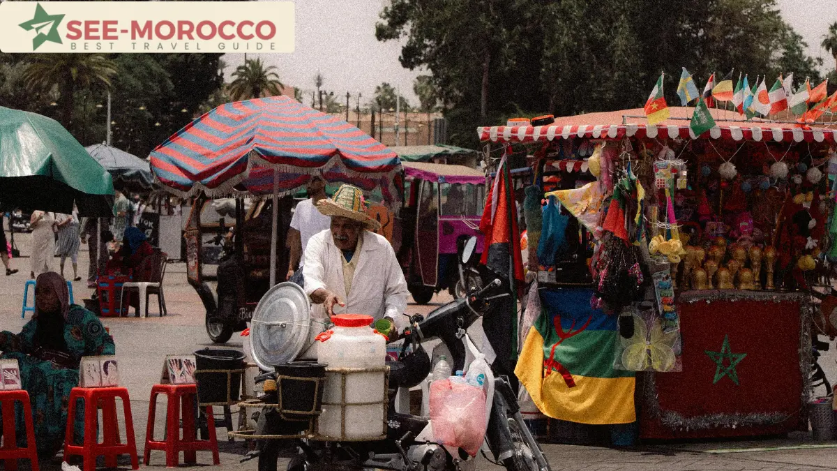 Local street vendor and stalls in a busy Marrakech square
