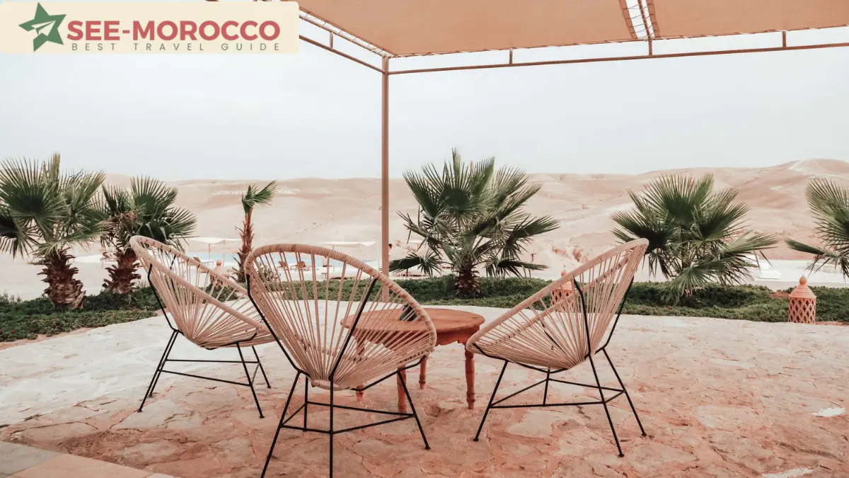 Luxury camp terrace with Atlas views in the Agafay Desert Morocco