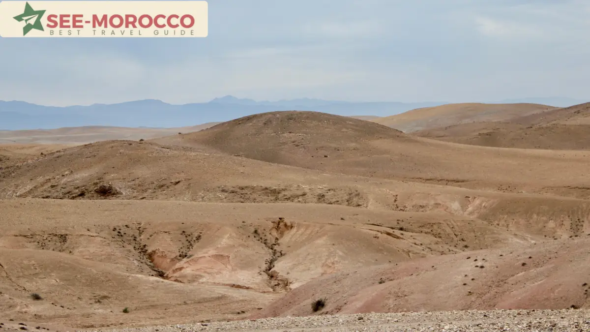 Bare rocky hills of the Agafay stone desert with no sand dunes Morocco