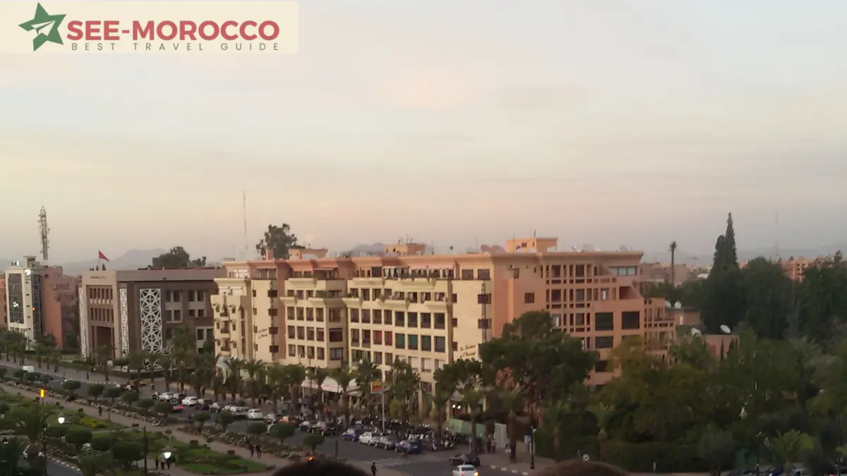 Hivernage neighborhood buildings at dusk, Marrakech