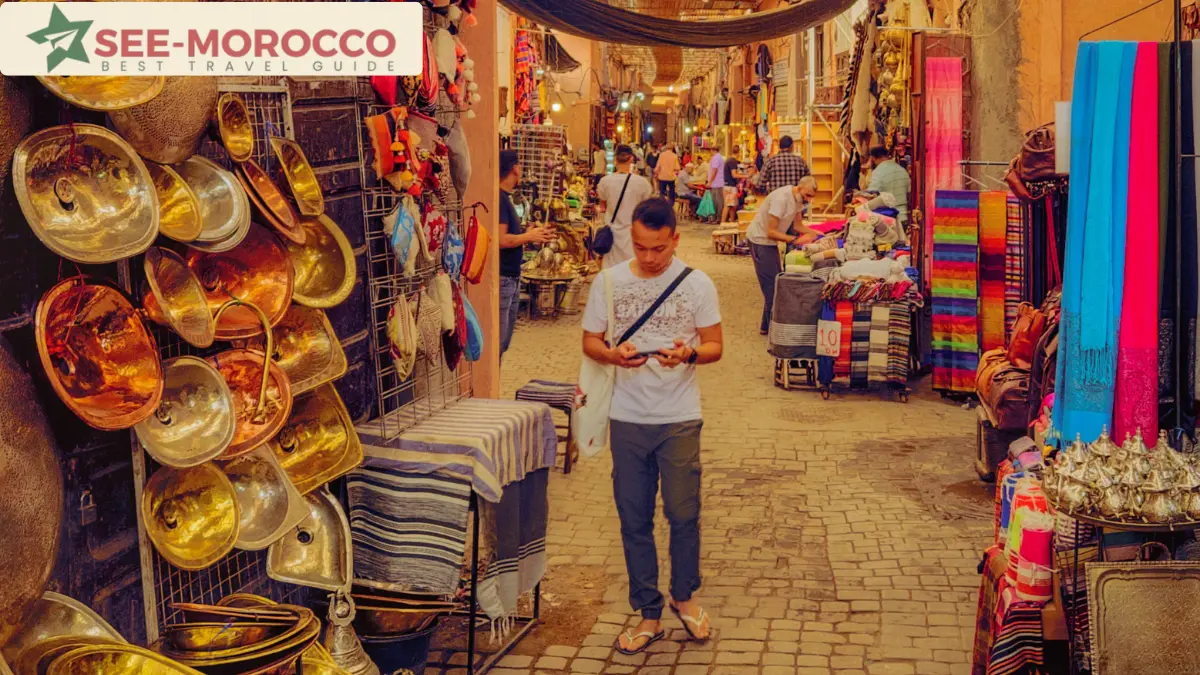 Marrakech Medina souk street with traditional crafts