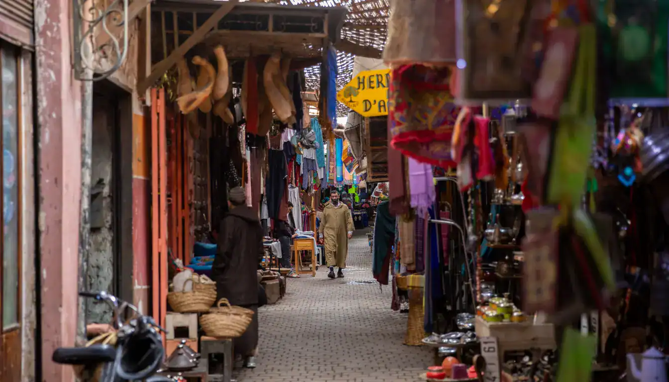 Marrakech medina with traditional architecture, narrow alleys and colorful souks