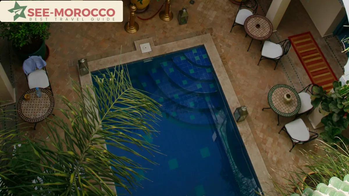 aerial view of riad Marrakech courtyard pool from above