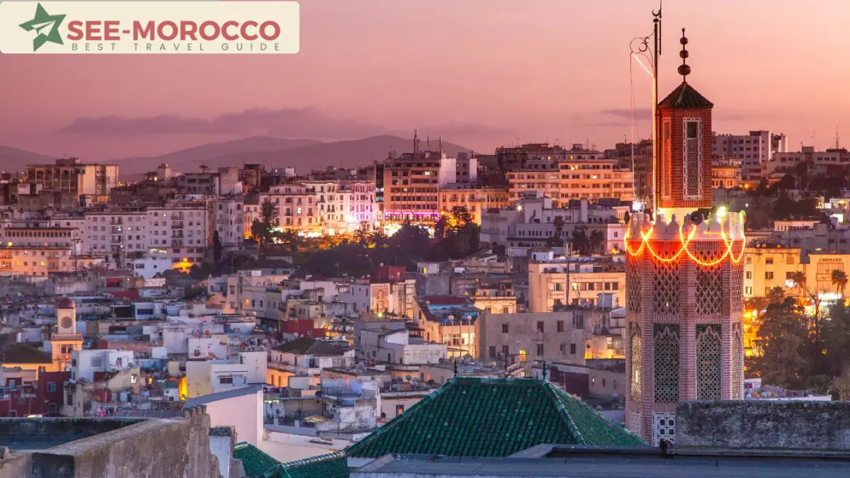 Tangier medina old town mosque minaret at sunset Morocco