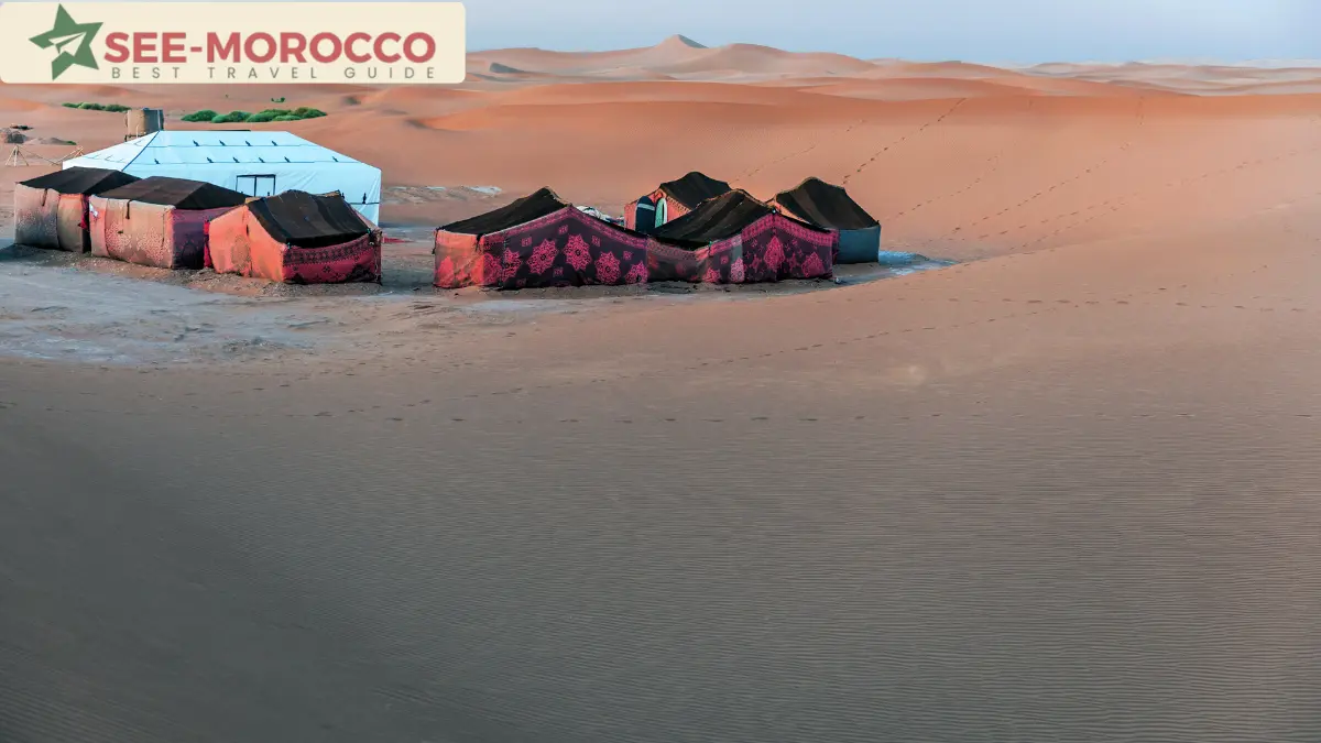 Berber desert camp among the dunes near Zagora southern Morocco