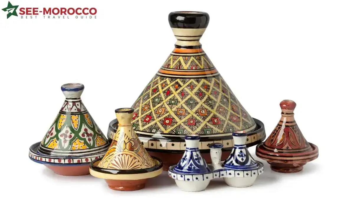 Moroccan pottery tagines — collection of traditional hand-painted ceramic tagines different sizes